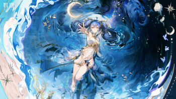 1girl absurdres ancient_greek_clothes armlet bare_legs bare_shoulders blue_eyes blue_hair breasts character_name closed_mouth crescent english_text gladiator_sandals gold_bra greco-roman_clothes highres iuno_(wuthering_waves) jewelry laurel_crown legs logo long_hair looking_at_viewer medium_breasts official_art outstretched_arm sandals solo thighlet thighs toes twintails very_long_hair wuthering_waves