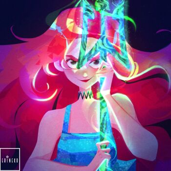 1girl chelsea_(ruby_gillman) choker erineko holding_polearm long_hair looking_at_viewer mermaid monster_girl polearm red_hair ruby_gillman:_teenage_kraken solo trident very_long_hair weapon