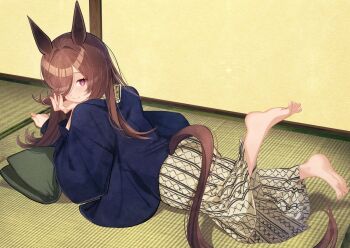 Rule 34 | 1girl, animal ears, barefoot, bath yukata, blue robe, blush, brown hair, closed mouth, flipped hair, grey kimono, hair over one eye, head rest, horse ears, horse girl, horse tail, indoors, japanese clothes, kimono, long hair, looking at viewer, lying, on stomach, purple eyes, rice shower (umamusume), robe, smile, solo, tail, tatami, umamusume, yomean!, yukata