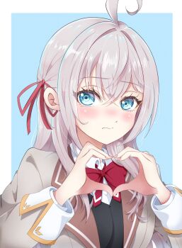 1girl ahoge alisa_mikhailovna_kujou blue_background blue_eyes blush border bow bowtie brown_jacket closed_mouth collared_shirt commentary_request grey_hair hair_between_eyes hair_ribbon heart heart_hands highres jacket kentotto long_hair long_hair_between_eyes long_sleeves looking_at_viewer outside_border red_bow red_bowtie red_ribbon ribbon school_uniform seiren_academy_school_uniform shirt solo tokidoki_bosotto_roshia-go_de_dereru_tonari_no_alya-san upper_body white_border white_shirt