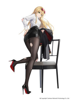 1girl abab_xiaxia absurdres ass black_jacket black_pantyhose black_shoes black_skirt blonde_hair breasts chair commentary company_name copyright_notice earrings eyewear_on_head from_behind full_body girls'_frontline green_eyes hair_between_eyes hand_on_own_ass high_heels highres holding holding_jacket holding_unworn_clothes jacket jewelry large_breasts long_hair long_sleeves looking_at_viewer looking_back office_lady official_alternate_costume official_art on_chair panties pantyhose pantyshot paperclip parted_lips patent_heels pencil_skirt pumps red-tinted_eyewear red_soles reichsadler scrape scraped_knee shirt shoe_soles shoes side_slit simple_background skirt solo standing standing_on_one_leg stg44_(detective's_sidekick)_(girls'_frontline) stg44_(girls'_frontline) stiletto_heels sunglasses tinted_eyewear torn_clothes torn_pantyhose torn_shirt underwear unworn_jacket very_long_hair white_background white_shirt