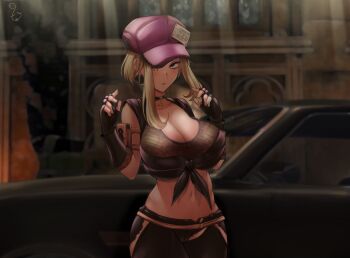 1girl blonde_hair blue_eyes breasts cleavage coco_(code_vein) code_vein fingerless_gloves gloves hat highres huge_breasts midriff navel