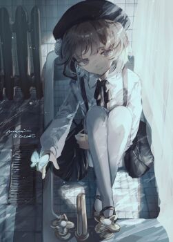 Rule 34 | 1girl, beret, black bow, black bowtie, black hat, black shoes, black skirt, bow, bowtie, brown eyes, bug, butterfly, closed mouth, collared shirt, crossed ankles, empty bathtub, faucet, flower, full body, grate, hair flower, hair ornament, hashtag-only commentary, hat, hatoba tsugu, heater, highres, holding own leg, in bathtub, insect, long sleeves, looking at viewer, mary janes, pantyhose, puffy long sleeves, puffy sleeves, rose, ruoruomi, sewer grate, shirt, shoes, sidelighting, sitting, skirt, smile, solo, suspender skirt, suspenders, tile floor, tiles, tsugu (vtuber), twitter username, white flower, white pantyhose, white rose, white shirt