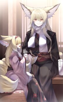 2girls absurdres animal_ears arknights blonde_hair commentary dated_commentary fox_ears fox_girl fox_tail highres japanese_clothes kimono kitsune kyuubi long_hair mother_and_daughter multiple_girls multiple_tails official_alternate_costume pink_kimono samip sash scarf sitting smile suzuran_(arknights) suzuran_(yukibare)_(arknights) tail vulpisfoglia_(arknights)