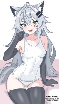 1girl :d absurdres alternate_costume animal_ear_fluff arknights black_gloves black_thighhighs breasts collarbone commentary_request covered_navel cowboy_shot eggplant7217 elbow_gloves english_text gloves green_eyes grey_hair grey_tail hair_between_eyes highres lappland_(arknights) long_hair looking_at_viewer material_growth medium_breasts one-piece_swimsuit open_mouth oripathy_lesion_(arknights) partial_commentary scar scar_across_eye scar_on_face sharp_teeth simple_background sitting smile solo swimsuit tail teeth thighhighs upper_teeth_only watermark white_background white_one-piece_swimsuit