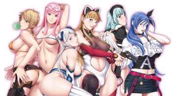 10s 6+girls ami_maizar animal_ears antenna_hair ass back bare_shoulders bikini black_legwear blonde_hair blowing_bubble_gum blue_eyes blue_hair bodysuit bracer breasts breasts_apart cable cat_ears celicia_lockhart chewing_gum closed_game clothes_writing collar covered_collarbone cowboy_shot crossover dominance facial_tattoo fake_animal_ears finger_on_trigger from_side green_eyes hair_ornament hairclip head_tilt holding holding_weapon ikazaki_reia iriza_(dominance) lacey_mallett large_breasts leotard long_hair looking_at_viewer looking_back micro_bikini mini_wings miniskirt mole multiple_girls nail_polish orange_bikini outline p/a_~potential_ability~ parted_bangs pencil_skirt pink_hair pleated_skirt pointy_ears sei_shoujo simple_background skirt smile standing starless string_bikini swept_bangs swimsuit tattoo thighs thong_bikini very_long_hair weapon white_background white_bikini white_hair white_legwear wings