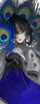 1other absurdres androgynous belt_buckle black_gloves black_hair buckle buttons curtained_hair double-breasted feathers gloves green_eyes highres holding holding_feather looking_at_viewer original other_focus parted_bangs parted_lips peacock_feathers pointing pointing_at_viewer shimizu_en_(shimizuen3310) solo