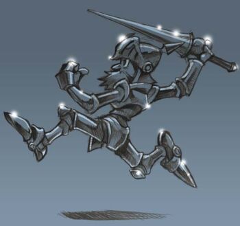 Rule 34 | 1boy, armor, beard, breastplate, clenched hand, commentary request, facial hair, from side, full body, gauntlets, glint, gradient background, hand up, helmet, holding, holding polearm, holding weapon, lance, makaimura, male focus, monochrome, peter salt, polearm, running, sir arthur (makaimura), solo, v-shaped eyebrows, weapon