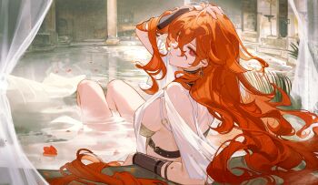 1girl arm_armor arm_up augusta_(wuthering_waves) breasts closed_mouth commentary commentary_request dress earrings elbow_rest from_behind hair_between_eyes hashtag-only_commentary highres jewelry knees_up kuroduki large_breasts long_hair looking_at_viewer looking_back orange_hair partially_submerged petals petals_on_liquid red_eyes sideboob sitting solo sun_earrings wet white_dress wuthering_waves