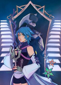 1girl aqua_(kingdom_hearts) aqua_eyes armor bare_shoulders black_shorts blue_hair blue_shirt breasts chest_strap closed_mouth commentary cowboy_shot detached_sleeves english_commentary fingerless_gloves full_armor gloves grey_gloves hair_between_eyes helm helmet highres holding holding_weapon keyblade kingdom_hearts kingdom_hearts_birth_by_sleep medium_breasts medium_hair paopu_fruit shirt shorts sleeveless sleeveless_turtleneck solo turtleneck vanekairi waist_cape weapon white_sleeves
