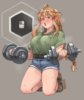 1girl ahoge belt blonde_hair blue_eyes blush boots braid breasts bright_pupils brown_boots collarbone computer_mouse denim denim_shorts dumbbell ergot escape_from_tarkov exercising floating_hair full_body gameplay_mechanics green_shirt grey_background half-closed_eyes holding indie_virtual_youtuber kneeling large_breasts long_hair open_mouth quick_time_event shirt shirt_tucked_in short_shorts short_sleeves shorts sidelocks signature solo steaming_body sweat t-shirt thighs v-shaped_eyebrows virtual_youtuber weightlifting whiskey_project white_pupils