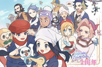4girls 6+boys :d adaman_(pokemon) akari_(pokemon) arceus bandana belt belt_buckle beni_(pokemon) bird black_hair blonde_hair blue_coat blush bracelet buckle coat collar commentary_request cyllene_(pokemon) cyndaquil dialga eyelashes facial_hair gen_2_pokemon gen_4_pokemon gen_5_pokemon gen_7_pokemon green_hair grey_eyes hairband hat headscarf hisuian_braviary jacket jewelry jumpsuit kamado_(pokemon) professor_laventon legendary_pokemon long_hair lower_teeth_only multiple_boys multiple_girls mustache mythical_pokemon nintendo open_mouth oshawott palina_(pokemon) palkia pankona_(ubsssss) pillar pokemon pokemon_(creature) pokemon_legends:_arceus ponytail purple_eyes red_hairband red_headwear red_scarf rei_(pokemon) rowlet sabi_(pokemon) scarf shirt short_hair sidelocks smile spoken_food starly strapless strapless_shirt teeth twintails volo_(pokemon) white_headscarf white_headwear