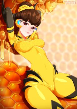 1girl absurdres alternate_costume b.va_(overwatch) bodysuit breasts brown_eyes brown_hair cameltoe d.va_(overwatch) female_focus hair_bun highres honey honeycomb_(object) honeycomb_(pattern) looking_at_viewer medium_breasts neocoill overwatch overwatch_1 restrained single_hair_bun sitting skin_tight solo yellow_bodysuit