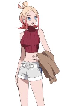 1girl blonde_hair blue_eyes breasts brown_jacket go_mi_111 gradient_hair hair_bun highres holding holding_jacket holding_unworn_clothes jacket midriff multicolored_hair navel nintendo pokemon pokemon_legends:_z-a red_shirt shirt shorts sleeveless smile solo taunie_(pokemon) turtleneck turtleneck_shirt unworn_jacket white_shorts