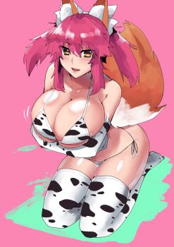 Rule 34 | 1girl, absurdres, animal ear fluff, animal ears, animal print, arms under breasts, bare shoulders, bikini, blush, bow, breasts, cleavage, collarbone, cow print, cow print bikini, cow print gloves, cow print thighhighs, elbow gloves, fang, fate/extra, fate (series), fox ears, fox girl, fox tail, gloves, hair bow, highres, huge breasts, long hair, looking at viewer, open mouth, orange eyes, pink background, pink hair, print bikini, print gloves, print thighhighs, rice grg, seiza, shiny skin, side-tie bikini bottom, simple background, sitting, solo, sweat, swimsuit, tail, tamamo no mae (fate), thighhighs, twintails, white bikini, white bow, white thighhighs