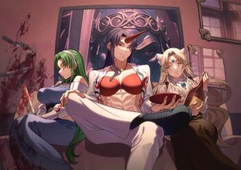 3girls abs absurdres adapted_costume black_footwear black_hair black_one-piece_swimsuit blonde_hair blood blood_on_clothes blood_on_wall bloody_knife blue_skirt blue_tank_top bottle bra brown_skirt closed_eyes collar crossed_legs cup frilled_vest frills from_below gem_on_head glass_bottle green_eyes green_hair guumin highly_responsive_to_prayers highres holding holding_bottle holding_cup holding_knife horns jacket jewelry kikuri_(touhou) knife konngara_(touhou) long_hair long_sleeves mima_(touhou) mirror multiple_girls one-piece_swimsuit open_clothes open_shirt painting_(object) pants ponytail red_bra red_eyes sakazuki shirt single_horn skirt suspender_skirt suspenders swimsuit tank_top touhou touhou_(pc-98) underwear vest weapon_on_wall white_jacket white_pants white_shirt