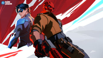 bat_signal batman_(series) batman_symbol black_bodysuit black_gloves bodysuit brothers brown_jacket dc:_dark_legion dc_comics dick_grayson domino_mask escrima_sticks eye_mask full_body gloves grey_bodysuit gun highres holding holding_gun holding_weapon jacket jason_todd male_focus mask multicolored_bodysuit muscular muscular_male nightwing official_art open_clothes pants pectorals red_hood_(dc) red_mask short_hair siblings superhero_costume taut_bodysuit two-tone_bodysuit weapon