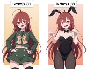 1girl @_@ absurdres ahoge anger_vein animal_ear_hairband animal_ears before_and_after black_bow black_bowtie black_leotard black_thighhighs bow bowtie breasts brown_bow cameltoe commentary covered_navel cowboy_shot detached_collar english_commentary english_text fake_animal_ears gluteal_fold green_sailor_collar green_serafuku green_shirt green_skirt guilegaze hair_between_eyes hairband highres hypnosis leotard looking_at_viewer mind_control multiple_views navel open_mouth pantyhose paw_pose playboy_bunny rabbit_ear_hairband rabbit_ears red_eyes red_hair sailor_collar school_uniform serafuku shakugan_no_shana shana shirt skirt small_breasts standing thighhighs wrist_cuffs