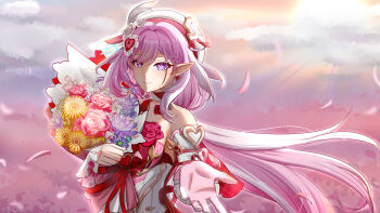 1girl absurdres bare_shoulders bouquet breasts chinese_commentary commentary_request diamond-shaped_pupils diamond_(shape) dress earrings elf elysia_(hi_love_elf)_(honkai_impact) elysia_(honkai_impact) falling_petals flower gloves heart heart_earrings highres holding holding_bouquet honkai_(series) honkai_impact_3rd jewelry large_breasts long_hair looking_at_viewer multicolored_hair petals pink_gloves pink_hair pink_sky pointy_ears purple_eyes reaching reaching_towards_viewer single_glove sky smile solo symbol-shaped_pupils two-tone_hair very_long_hair white_dress white_hair yuyi330214