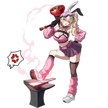 1girl absurdres animal_ears anvil armpits bare_shoulders belt blonde_hair breasts brown_thighhighs cleavage collar commentary_request crop_top detached_sleeves fishnet_thighhighs fishnets goggles goggles_on_head hammer high-waist_skirt highres holding holding_hammer large_breasts long_hair long_sleeves looking_at_viewer midriff original pink_collar pink_eyes pink_shirt pink_socks purple_skirt pyogo rabbit_ears shirt shoes side_ponytail skirt sleeveless sleeveless_shirt socks solo star-shaped_pupils star_(symbol) symbol-shaped_pupils thighhighs