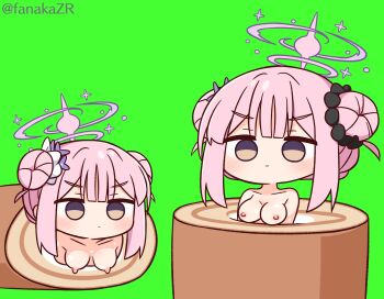 1girl blue_archive blush breasts brown_eyes cake closed_mouth collarbone double_bun empty_eyes flower food green_background hair_bun hair_flower hair_ornament halo hana_kazari highres in_food medium_breasts mika_(blue_archive) mini_person minigirl multiple_views nipples nude pink_hair purple_flower revision sidelocks simple_background swiss_roll twitter_username v-shaped_eyebrows