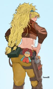 1girl absurdres artist_name ass ass_focus asymmetrical_bangs asymmetrical_hair belt blacksmith braid brown_pants commentary cropped_jacket english_commentary facing_away freckles gemma_(monster_hunter_wilds) green_eyes hair_between_eyes hairband hammer hands_on_own_hips highres holster jacket leather leather_belt leather_jacket lips long_hair looking_to_the_side monster_hunter_(series) monster_hunter_wilds multiple_braids narrow_waist nose pants pencil savos99 simple_background single_bracer solo stuffed_animal stuffed_toy thigh_holster tool_belt tools twitter_username very_long_hair