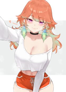 1girl absurdres alternate_costume black_choker bluefield breasts choker cleavage closed_mouth colored_inner_hair cropped_shirt dolphin_shorts feathers gradient_hair green_feathers green_hair highres hololive hololive_english large_breasts long_hair long_sleeves looking_at_viewer midriff multicolored_hair navel orange_hair orange_shorts outstretched_arm purple_eyes reaching reaching_towards_viewer shirt short_shorts shorts simple_background single_off_shoulder smile solo swept_bangs takanashi_kiara virtual_youtuber white_background white_shirt
