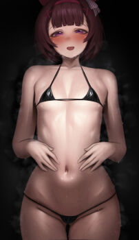 1girl :d bikini black_background black_bikini blush collarbone commentary flat_chest hair_ornament hairclip highres horse_girl looking_at_viewer micro_bikini navel nishino_flower_(umamusume) nov1527 open_mouth paid_reward_available purple_eyes purple_hair short_hair smile solo steaming_body stomach sweat swimsuit umamusume very_sweaty