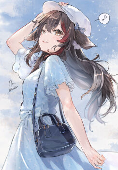 1girl animal_ears arm_up bag bird black_hair blue_dress blue_sky blush bow breasts casual cloud cloudy_sky commentary_request cowboy_shot day dress dress_bow floating_hair flock from_below from_side hand_on_headwear handbag hat hat_bow highres hololive lips medium_breasts mixed-language_commentary multicolored_hair musical_note ookami_mio outdoors short_sleeves sidelocks signature sky spoken_musical_note streaked_hair torokko twitter_username virtual_youtuber wolf_ears wolf_girl yellow_eyes
