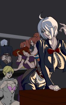 4girls absurdres angel_(kof) ass blonde_hair blue_eyes bodypaint breasts costume female_focus highres jabeloart jaestar jaestarj king_(snk) large_breasts mirror multiple_girls pale_skin shiranui_mai short_hair the_king_of_fighters thighs white_hair yuri_sakazaki