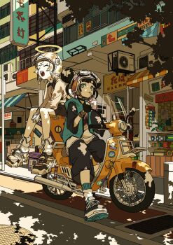 Rule 34 | 2girls, black hair, black pants, black shoes, blunt bangs, brown helmet, city, closed eyes, closed mouth, commentary request, day, dress, drink carton, drinking, drinking straw, full body, gaako illust, green eyes, green jacket, helmet, highres, holding, holding juice box, jacket, juice box, motor vehicle, motorcycle, multiple girls, open clothes, open jacket, open mouth, original, outdoors, pants, pleated dress, shoes, short hair, sitting, sneakers, socks, three-quarter sleeves, white hair, white helmet, white socks