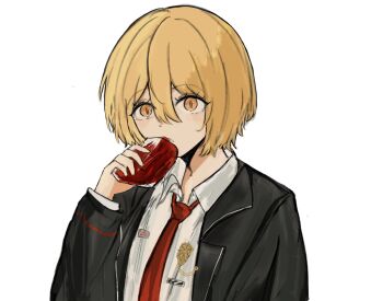 Rule 34 | 1girl, badge, blonde hair, collared shirt, don quixote (project moon), drink carton, drinking, eyelashes, hair between eyes, highres, holding, holding juice box, juice box, limbus company, looking at viewer, necktie, project moon, red necktie, rugatu to, shirt, short hair, simple background, slit pupils, solo, standing, upper body, white background, white shirt, yellow eyes, yellow pupils