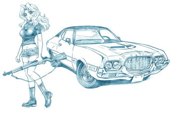 1girl bbb_(friskuser) blue_theme bolt_action boots car check_translation closed_mouth combat_boots commentary cutoffs denim denim_shorts ford ford_gran_torino girls_und_panzer gun hair_intakes heel_up holding holding_gun holding_weapon kay_(girls_und_panzer) logo long_hair looking_at_viewer m1_garand medium_hair micro_shorts midriff monochrome motor_vehicle navel rifle shirt short_sleeves shorts smile solo standing t-shirt translation_request weapon