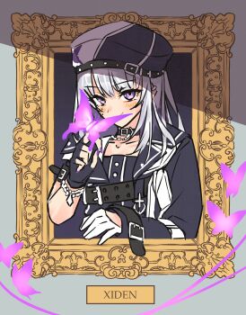 Rule 34 | 1girl, absurdres, asymmetrical gloves, asymmetrical sleeves, belt, beret, black belt, black choker, black hat, black jacket, blush, bug, butterfly, butterfly on hand, character name, choker, closed mouth, ear piercing, fingerless gloves, gloves, grey hair, hashtag-only commentary, hat, highres, insect, jacket, long hair, long sleeves, looking at viewer, mob hz, mole, mole under eye, multiple moles, picture frame, piercing, purple butterfly, purple eyes, purple nails, rk music, short sleeves, smile, solo, two-tone hat, virtual youtuber, white hat, xiden