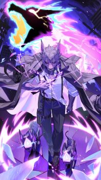 animal_ears black_coat black_pants black_shoes chaos_zero_nightmare coat electricity furry furry_male hand_on_own_chest highres hugo_(chaos_zero_nightmare) katamuki looking_at_viewer male_focus non-humanoid_robot pants purple_fur robot robot_animal robot_dog scar scar_on_face shirt shoes suspenders walking_towards_viewer white_shirt wolf_boy wolf_ears