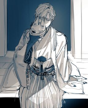 Rule 34 | 1boy, absurdres, black sclera, colored sclera, fox mask (silent hill), highres, japanese clothes, kimono, kisaragi ryou (p m), lineart, male focus, mask, removing mask, robe, silent hill (series), silent hill f, sketch, solo, white robe