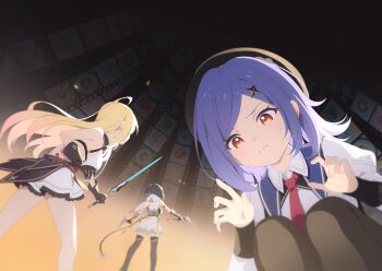 3girls amber_(stella_sora) backless_shirt bare_shoulders black_hair black_hat black_thighhighs blonde_hair bob_cut cape collared_shirt from_below frown game_cg gradient_hair gun hat highres holding holding_gun holding_sword holding_weapon inverted_bob iris_(stella_sora) juliet_sleeves long_hair long_sleeves miniskirt multicolored_hair multiple_girls necktie non-web_source noya_(stella_sora) official_art orange_eyes parted_bangs pink_hair puffy_sleeves purple_hair red_necktie shirt short_hair sideless_shirt skirt sleeveless sleeveless_shirt stella_sora sweatdrop sword thighhighs weapon white_cape white_shirt white_skirt