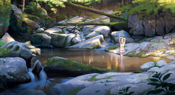 Rule 34 | 1girl, bikini, commentary, english commentary, fallen tree, from behind, grass, leaf, light rays, lorenzo lanfranconi, moss, nature, original, painterly, pink bikini, plant, pond, rock, scenery, standing, swimsuit, tree, water