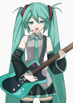 1girl aqua_eyes aqua_hair aqua_necktie bare_shoulders black_skirt commentary detached_sleeves electric_guitar esp_stream-miku-custom grey_shirt guitar hair_between_eyes hatsune_miku headset highres holding holding_guitar holding_instrument instrument long_hair looking_at_viewer music necktie open_mouth playing_instrument pleated_skirt shirt simple_background singing skirt sleeveless sleeveless_shirt solo symbol-only_commentary thighhighs twintails vocaloid white_background yukia_1128 zettai_ryouiki