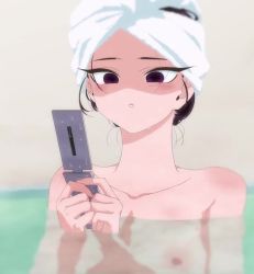 1girl animated bath bathing bathroom bathtub blush breasts cellphone felipe_godoy flip_phone komi-san_wa_komyushou_desu komi_shouko nipples nude parted_lips partially_submerged phone solo towel towel_on_head upper_body video water