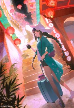 1girl alternate_costume aqua_coat bag black_shorts blue_eyes braid building camera closed_mouth coat commentary company_name copyright_notice dutch_angle english_commentary from_behind gradient_hair hat heel_up holding holding_camera hololive hololive_english lantern long_hair looking_at_viewer low_twin_braids multicolored_hair night ninomae_ina&#039;nis ninomae_ina&#039;nis_(artist) open_clothes open_coat open_mouth orange_hair outdoors paper_lantern plant purple_hair rolling_suitcase shirt shoes short_shorts shorts shoulder_bag sidelocks sleeves_pushed_up smile sneakers solo stairs standing suitcase sun_hat sunglasses takodachi_(ninomae_ina&#039;nis) tentacle_hair twin_braids very_long_hair virtual_youtuber white_hat white_shirt white_shoes