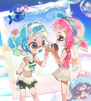 Rule 34 | 2girls, :d, arm behind back, black shorts, blowing bubbles, blue bow, blue hair, blue hairband, blue tongue, bow, bow hairband, bracelet, camera, closed eyes, closed mouth, colored tongue, crossover, dress, dress bow, facing another, fang, gen 7 pokemon, gen 8 pokemon, grey eyes, hair bobbles, hair bow, hair ornament, hairband, hand up, hattrem, highres, holding, holding camera, inkling, inkling girl, inkling player character, jewelry, jio022, looking at another, low ponytail, medium hair, multiple girls, nintendo, open mouth, pink hair, pink shirt, pointy ears, pokemon, pokemon (creature), ponytail, popplio, shirt, shorts, shorts under dress, sidelocks, skirt, sleeveless, sleeveless dress, sleeveless shirt, smile, splatoon (series), taking picture, tentacle hair, v, white dress, white hairband, white skirt