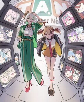 2girls ahoge arm_up black_jacket cecilia_immergreen commentary doll_joints elizabeth_rose_bloodflame english_commentary evil_smile full_body fuwawa_abyssgard gigi_murin green_eyes green_jacket green_pants grem_(gigi_murin) hakos_baelz hakui_koyori hands_in_pockets high_heels highres hololive hololive_dev_is hololive_english houshou_marine irys_(hololive) jacket jewelry joints koseki_bijou mizumiya_su mococo_abyssgard multicolored_hair multiple_girls necklace open_clothes open_jacket orange_skirt otomo_(cecilia_immergreen) ouro_kronii pants pink_eyes raora_panthera ron_melon shirogane_noel short_hair short_twintails skirt slippers smile streaked_hair tank_top television thigh_strap tokoyami_towa twintails usada_pekora virtual_youtuber walking_towards_viewer winding_key yukihana_lamy