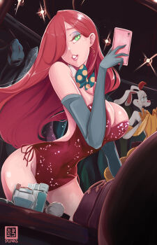 1girl bow bowtie breasts playboy_bunny cellphone cleavage couple cowboy_shot curvy detached_collar dutch_angle earrings elbow_gloves eyeshadow gloves green_eyes hair_over_one_eye highres indoors jessica_rabbit jewelry large_breasts leotard lipstick long_hair looking_at_viewer makeup mirror nekomimipunks no_bra parted_lips phone polka_dot polka_dot_neckwear red_hair reflection roger_rabbit selfie smartphone strapless strapless_leotard who_framed_roger_rabbit