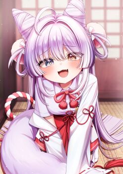 1girl :3 :d absurdres antenna_hair blue_eyes cone_hair_bun dasom fang hair_bun hair_ornament heterochromia highres indoors kosode open_mouth pom_pom_(clothes) pom_pom_hair_ornament purple_hair smile solo stellive tenko_shibuki virtual_youtuber yellow_eyes
