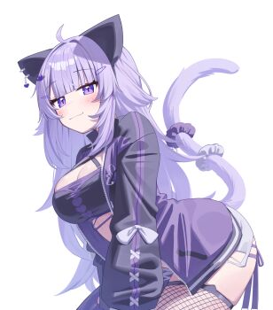 1girl :3 absurdres ahoge animal_ear_fluff animal_ear_legwear animal_ears black_jacket black_sports_bra blunt_bangs breasts cat_ear_legwear cat_ears cat_girl cat_tail cleavage closed_mouth commentary criss-cross_halter deaver ear_covers fishnet_thighhighs fishnets hair_ornament halterneck highres hololive jacket large_breasts long_hair looking_at_viewer multicolored_jacket nekomata_okayu nekomata_okayu_(personya_respect) official_alternate_costume official_alternate_hair_length official_alternate_hairstyle purple_eyes purple_hair purple_jacket shorts simple_background solo sports_bra tail thighhighs torn_clothes torn_shorts two-tone_jacket virtual_youtuber white_background white_shorts