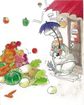 1boy bell_pepper broccoli carrot cat chef chef_hat commentary_request door eggplant facial_hair fat fat_man food grey_cat hat highres male_focus mustache onion original potato pumpkin solo tomato turnip vegetable yasaioji3