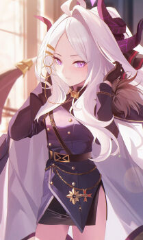 1girl absurdres ahoge belt black_belt black_gloves black_halo black_skirt black_thighhighs blue_archive blush breasts chinese_commentary commentary demon_girl demon_horns demon_wings gloves halo highres hina_(blue_archive) horns indoors jiang_ye_kiri long_hair looking_at_viewer low_wings purple_eyes skirt small_breasts solo standing thighhighs very_long_hair white_hair wings