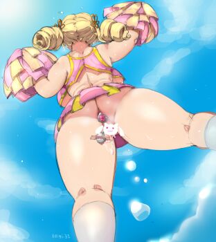 1girl anal anal_object_insertion anus arm_up artist_name ass backboob blonde_hair blue_sky breasts breasts_apart butt_plug censored cheerleader cloud cloudy_sky controller crop_top day drill_hair dripping female_focus from_behind from_below hair_ornament highres huge_breasts jewel_butt_plug keigi kneehighs large_breasts legs_apart long_hair mahou_shoujo_madoka_magica mahou_shoujo_madoka_magica_(anime) midriff miniskirt no_panties novelty_censor object_insertion outdoors pink_skirt pleated_skirt plump pom_pom_(cheerleading) public_indecency public_vibrator pussy_juice remote_control sex_toy shoulder_blades skirt sky socks solo standing sweat tape thick_arms thick_thighs thighs tomoe_mami twin_drills twintails underboob vibrator vibrator_under_clothes