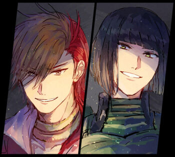 2boys armor black_hair blunt_bangs blunt_ends brown_eyes brown_hair green_armor green_eyes grin hair_between_eyes japanese_armor looking_at_viewer lowres male_focus multicolored_hair multiple_boys portrait red_hair sengoku_basara shibata_katsuie_(sengoku_basara) shima_sakon_(sengoku_basara) short_hair smile split_screen toruglose two-tone_hair